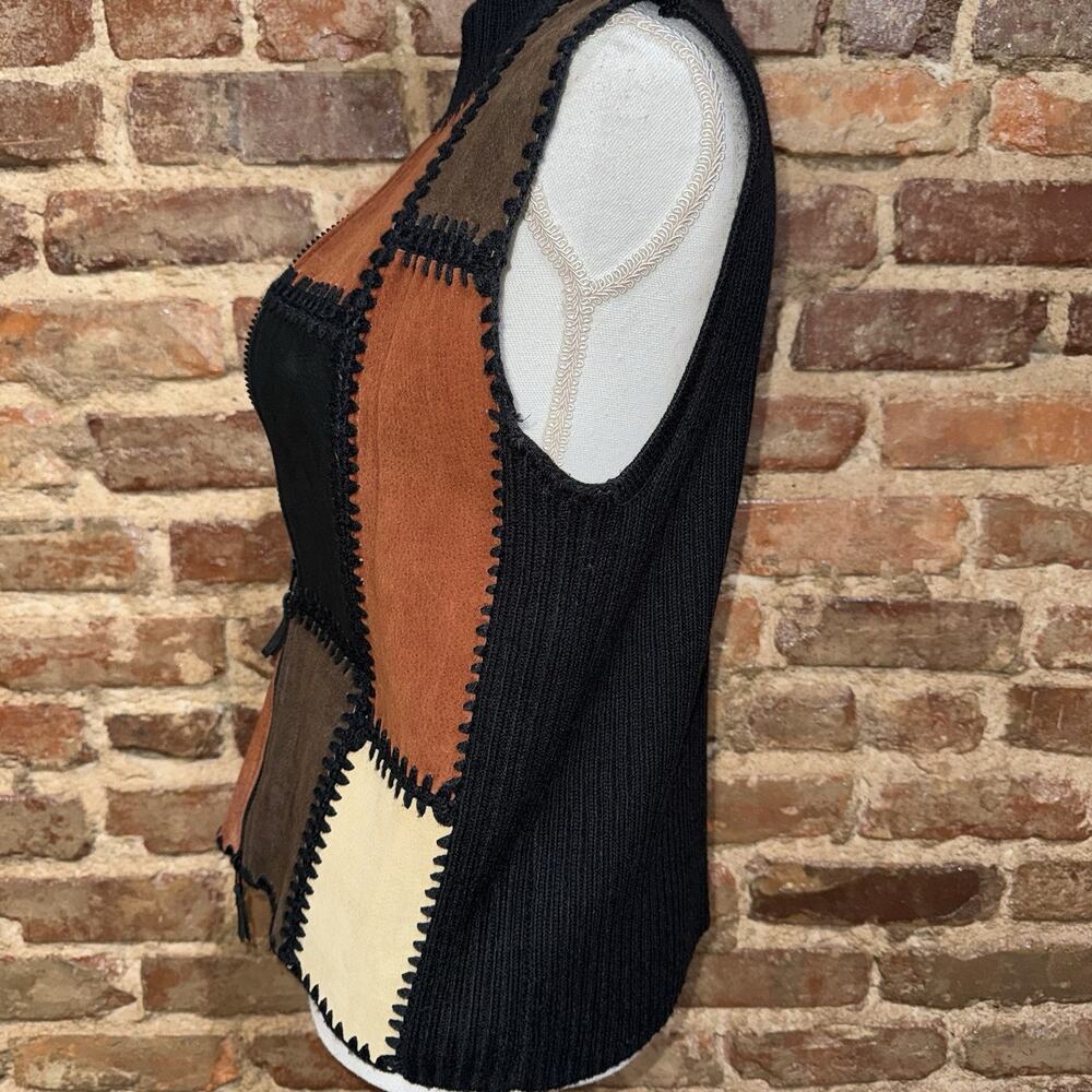 Vintage Artisan Leather Suede Patchwork Vest Boho 90s Zip Designer Studio M - Picture 3 of 9